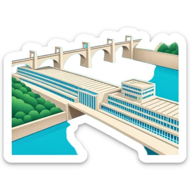 Yangtze River Three Gorges Dam massive structure, simplified emoji style with bold outlines and bright colors, cartoon style dam with water sticker