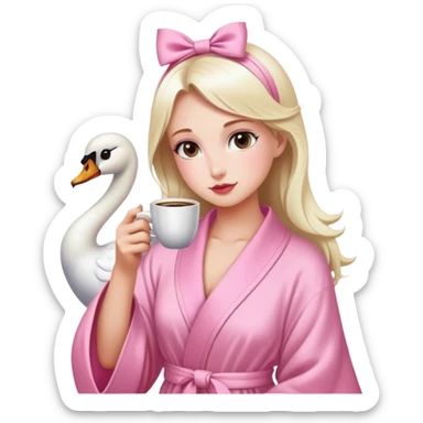 Chica con moño de cisne tomando café con bata rosa sticker