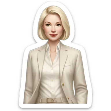 pale skin woman with ash blonde Straightened bob Hair, White Spacious classical jacket, beige palazzo Arrow pants and gray blouse holding white IPhone 15 pro in the hands sticker