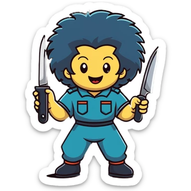 wild savage person in 1988 retro outfit with big hair, holding knife, evil laughing expression sticker