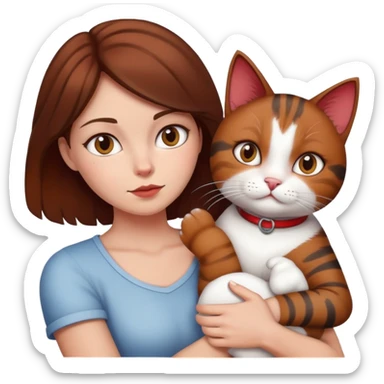Woman stealing cat. frau mit brauen haaren. katze ist rot, weiß und schwarz. sticker