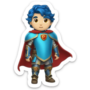 a boy with CYAN skin and deep blue hair, wearing armor and a short red cape sticker