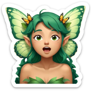 Cinematic Realistic Forest Fairy Portrait, head tilted slightly with a dramatic, wide-open yawn, revealing a tender, relaxed visage with finely detailed tanned skin and flowing, vine-adorned dark green hair gently framing her face. Her sleepy eyes exude a serene, dreamlike quality as soft natural sunlight filters through the canopy, showing her large butterfly wings from her back capturing the essence of a drowsy yet captivating forest drifting into peaceful slumber. sticker