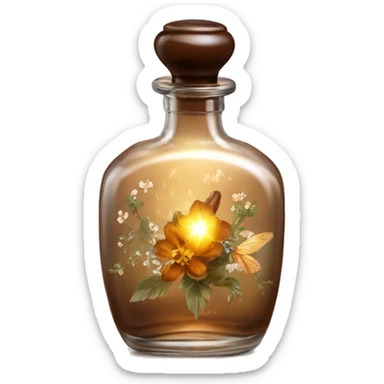 Brown magic fairy light sparkling old Antique oil perfume bottle with herbal and flowers sticker