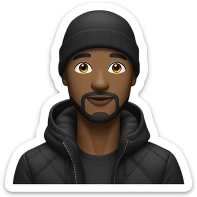 Black man with big nose and little black beard wearing a black durag and puffer jacket sticker