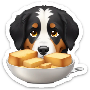 bernese mountain dog eating swiss fondue with bread sticker