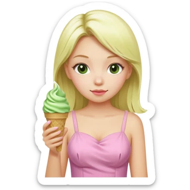 girl blonde long hair in pink dress,  eating matcha ice cream sticker