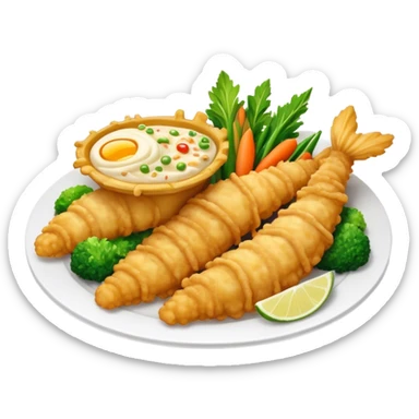 Tempura Cinematic Realistic Tempura Dish Emoji, depicted as extra crispy, lightly battered seafood and vegetables, rendered with vivid textures and dynamic, bright lighting. sticker