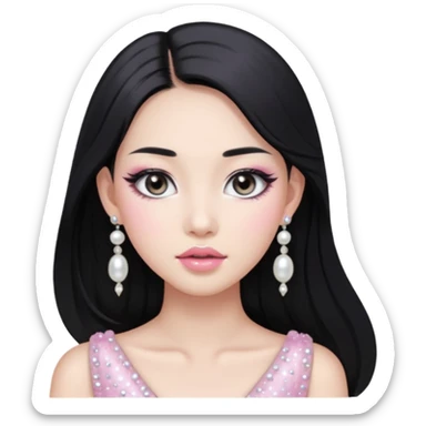 asian long black hair silver grey eyes glossy lips glittery white and light pink eyeshadow girl pearl earrings sticker
