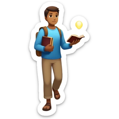 A man walks from darkness and inner conflict toward a glowing light in his chest, guided by intuition. Along the path, he passes through ambition and emptiness, then reaches a radiant mountaintop where healing transforms him into a fulfilled guide, holding a book and offering his hand to others. sticker