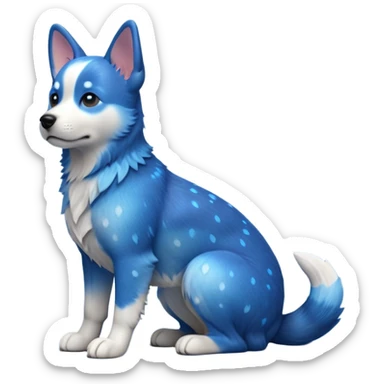 cinematic-[australian catle dog]-realistic-full-body-sitting-emoji,-tail-resting-loosely-beside-its-paws,-head-tilted-dramatically,-sleek-[vibrant-blue-speckle-fur]-fur,-simplified-yet-realistic-focused-features,-highly-detailed,-glowing-with-an-almost-sarcastic-glow sticker