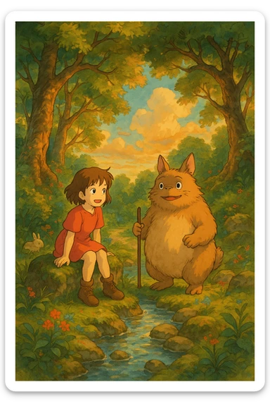 artistic illustration inspired by the previous best variant, in Ghibli style, with original creative background and composition, warm colors, detailed and whimsical sticker