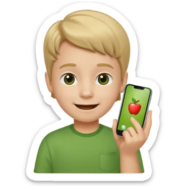 happy little kid with a phone, apple style emoji, wearing a green shirt, concise style typical of apple emojis sticker