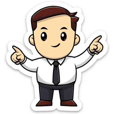 Boss character with a confident pose, business attire, pointing forward sticker