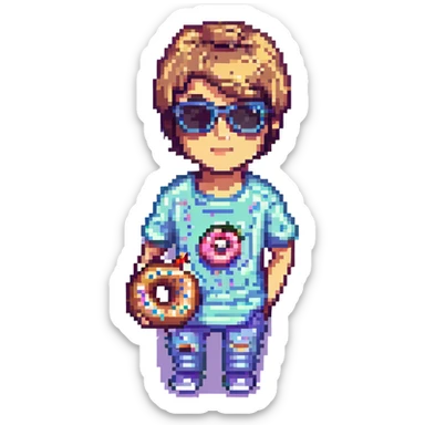 Add sunglasses to Justin Bieber while he holds a donut, keep pixel art style, no background, sunglasses added on face, donut in hand visible clearly. sticker