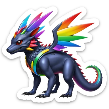 Oil-Slick Rainbow-Dark Metallic-Glossed Sleek Futuristic Cyber-Nargacuga-Vernid-fusion-creature (full body) sticker