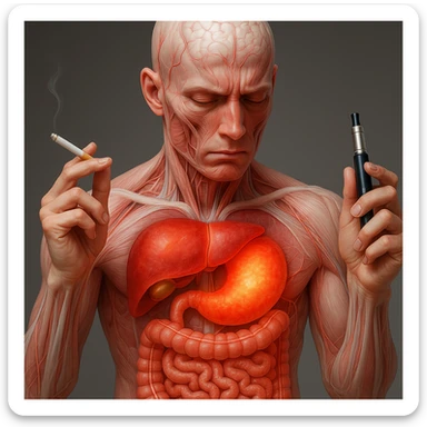 Medical illustration, hyperrealistic 4K, realistic anatomical human body, inflamed liver and intestine highlighted, holding a lit normal cigarette in the right hand and an electronic cigarette in the left hand, clear background, extremely detailed, same lighting and style as the reference image. sticker