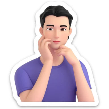 handsome guy with black hair, slightly flushed and dreamy, showing signs of low blood pressure with gentle blush and relaxed posture, hand to cheek, subtle romantic hints to boyfriend sticker