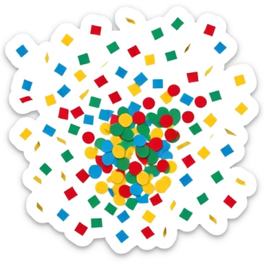 Colorful confetti pieces floating in the air, scattered randomly with a sense of motion. The confetti includes small paper strips and round shapes in vibrant colors like red, blue, yellow, and green. Soft shadows and subtle transparency give a light and festive feel. Flat, modern illustration, clean and minimal, white background. sticker