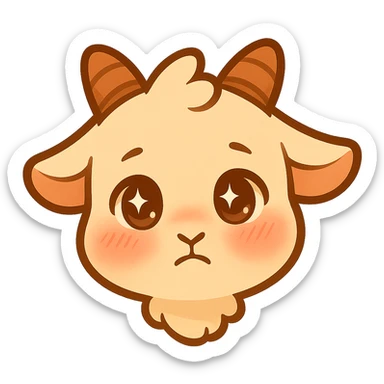 Edit the chibi goat head to have a shy and bashful expression with shining, sparkling eyes and a slight blush. Keep the simple, clean chibi stickers style and maintain a white background. Designed for a small emote. sticker