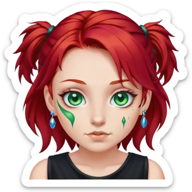 a girl with red hair and green streaks, blue eyes, piercings in a black dress sticker