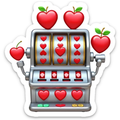 A 3D cartoon slot machine showing hearts and cherries, shiny metallic finish, Memoji-style realism. sticker