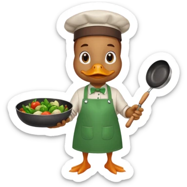 A duck holding a frying pan with sizzling vegetables, wearing green apron sticker