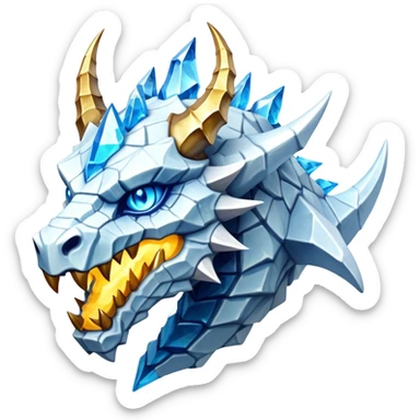 This extraordinary hybrid creature combines the elemental power of an ice dragon with the raw physical might of a stone golem. Its core body resembles a cluster of angular, faceted stones that have been infused with magical ice energy. The creature's head features a draconic shape with curved horns and piercing amber-gold eyes, but parts of its face retain the jagged stone texture. Blue-white energy flows between the rock segments, creating glowing lines throughout its body. The creature has developed partial wings made of crystalline ice formations extending from its rocky frame, and its tail alternates between stone segments and ice spikes. Sharp teeth line its mouth, some appearing as polished stone, others as ice crystals. Frost continuously emanates from its body, and when it moves, it creates a distinctive sound of grinding stone and crackling ice. sticker