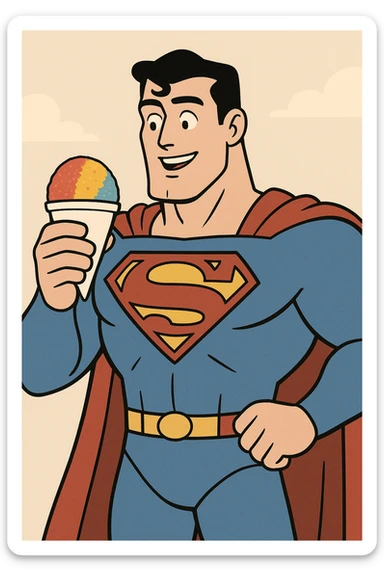 Superman holding a colorful snow cone, heroic pose, bright colors, cartoon style sticker