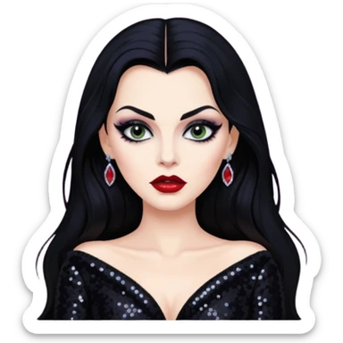 Vampira with long black hair, black sequin outfit sticker