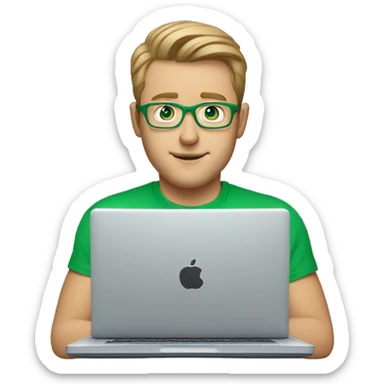 white man with blue eyes and light brown hair and square glasses wearing green t-shirt using laptop sticker