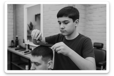 shu odamni sartaroshxonada mijozlarni sochini olayotganin  tasvirlab ber juda yosh ham katta ham bo'lmasin semiz ham bo'lib ketmasin o'smirin davrini sticker