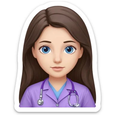 pretty brunette nurse with long hair and blue eyes in lilac scrubs sticker