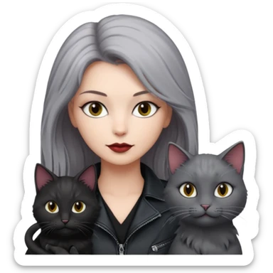femme aux yeux gris, cheveux court bordeaux avec cuir noir, accompagné d'un chat poils longs gris clair et d'un chat poils ras noirs sticker