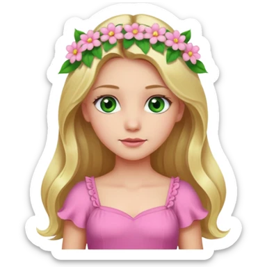 Girl profile picture with long blonde hair and green eyes and a flower in her hair. and a pink outfit sticker