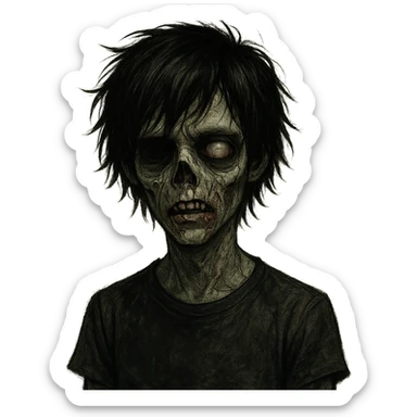 zombie boy with messy black hair, emo style, medium length, eerie and unsettling look sticker