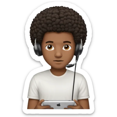 A dark-skinned boy with an afro, gamer , and ears, wearing a white shirt. sticker