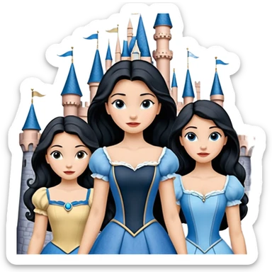 Quiero que crees una imagen donde este el castillo de Disney y por detrás o delante pon a 4 chicas: una con el pelo largo rizado marrón , otra con el pelo muy corto negro, como un chico, otra con el pelo mediano liso marrón con ojos azulesy otra con el pelo negro largo liso . Todos son color carne.  sticker