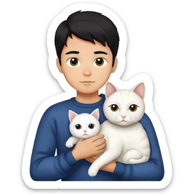A handsome boy with black hair wearing a sweater is holding a white cat sticker