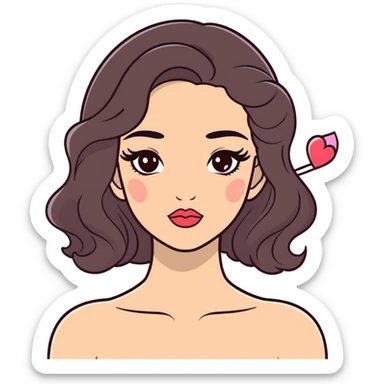 Dark brown beach waves hair, dark brown eyes, long eyelashes, square heart face, cupids bow lips with natural lipliner,a bigger straight nose but still small,eyebrows normal size kinda thin  sticker