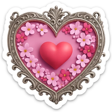 Make the silver accents and details extremely prominent and abundant on the heart with sakura, 3D emoji style, no background. sticker