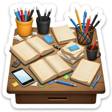 Messy Desk with books and pens sticker