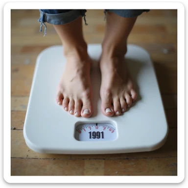 adult woman, photorealistic, close-up of scale with changing numbers (motion blur effect), woman's feet on it, light background, concept of fluctuating weight sticker