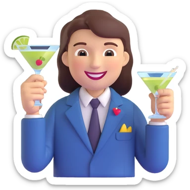 smiling face making rock 'n' roll gesture, holding a martini glass, rainbow theme sticker