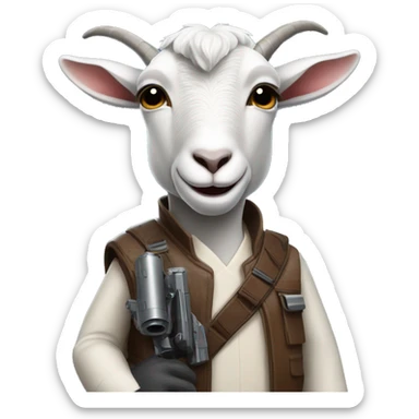 a goat wearing a han solo outfit holding a blaster sticker