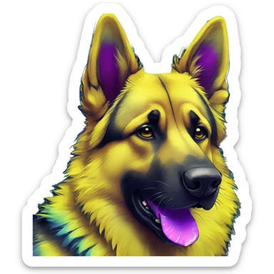 .Zombie_ Vaporwave black holographic oilslick zombie yellow German shepherd dog yellow caution tape graffiti stripes iridescent blue purple mane yellow stripes sticker
