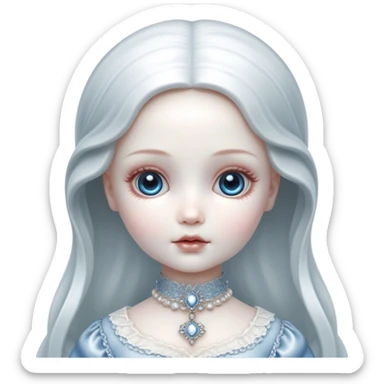 Cinematic, Ultra realistic 32k HD, hauntingly beautiful porcelain doll, Balanced features, highly detailed, glowing with silver light, high shine, remembrance, a painting of white silver, fanciful, enchanting, ghostly. The image is so lifelike it could leap off the canvas at any moment sticker