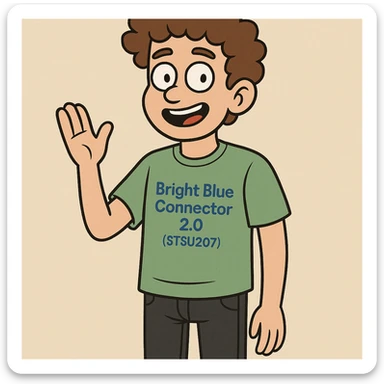 A boy brown curly hair green t-shirt Bright Blue Connector 2.0 (STSU207) black jeans sticker