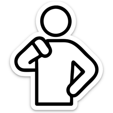 minimalist outline drawing of a man, one hand touching his back shoulder, other hand on waist, no fill, only black outline sticker
