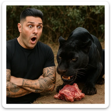 Create a realistic scene featuring a man with facial features and expression similar to the person in the reference photo, looking surprised. The man is standing next to a panther, watching the panther eat. The scene should be educational and respectful, depicting the natural behavior of the panther in a realistic style. sticker